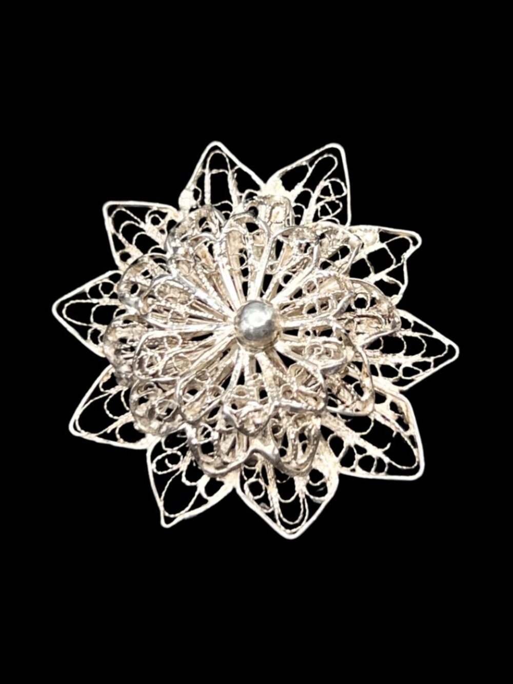 Antique Sterling Silver Filigree Openwork Floral Brooch